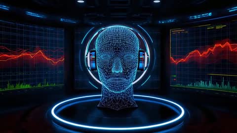 Futuristic AI Head with Live Data Screens in Virtual Control Room