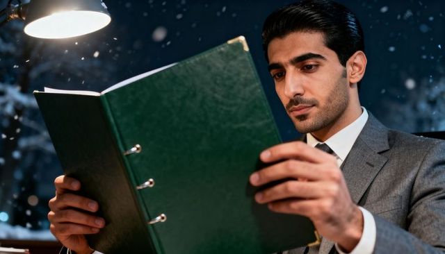 Suit-clad executive reading green three-ring binder under desk lamp during snowy night
