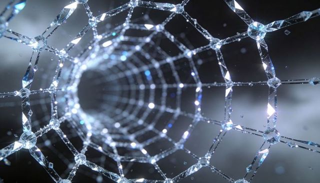 Forming crystalline web tunnel with sparkling dew droplets macro bokeh abstract futuristic