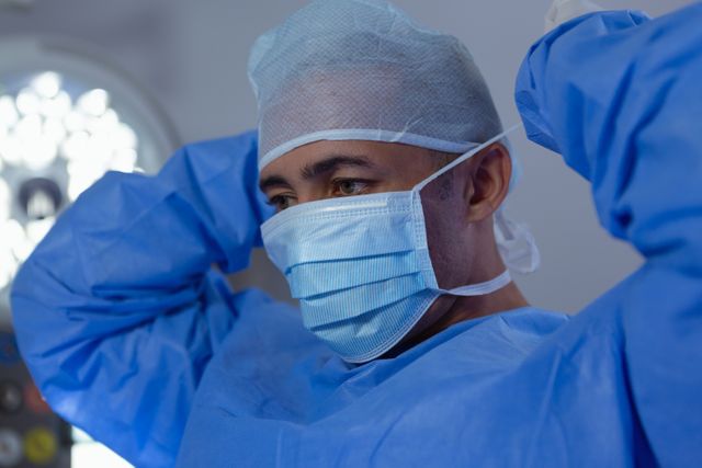 Front view of male surgeon wearing surgical mask in operation room at hospital