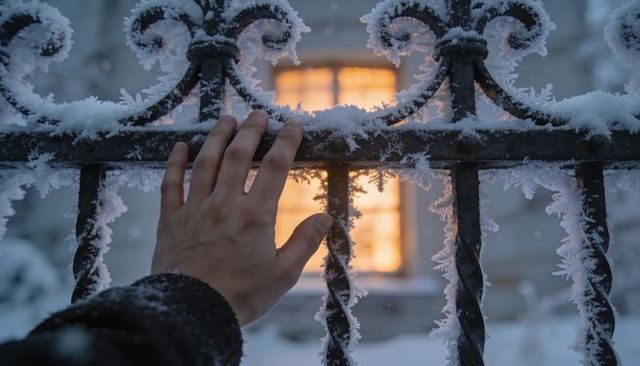 Hand reaching frost-covered iron gate toward warm glowing window on snowy evening