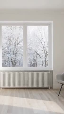 Vertical video showing minimalist room framing snowy window, radiator and winter branches
