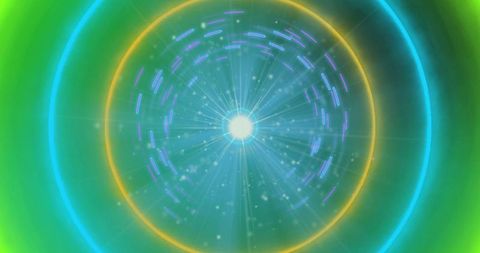 Glowing orb emitting beams in digital futuristic space