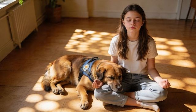 Teen girl meditating with therapy dog on sunlit hardwood floor, mindfulness at home