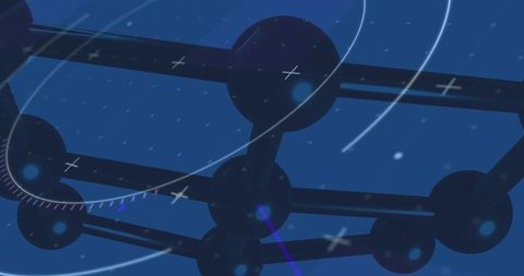 Futuristic molecular network grid with glowing nodes, neon arcs and deep blue cosmos