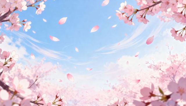 Drifting cherry blossom petals across bright blue sky with soft pastel canopy