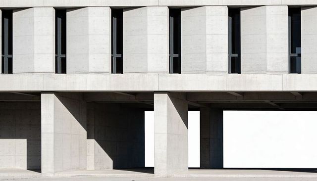 Minimalist concrete facade with elevated slab, rectangular piers and slit windows