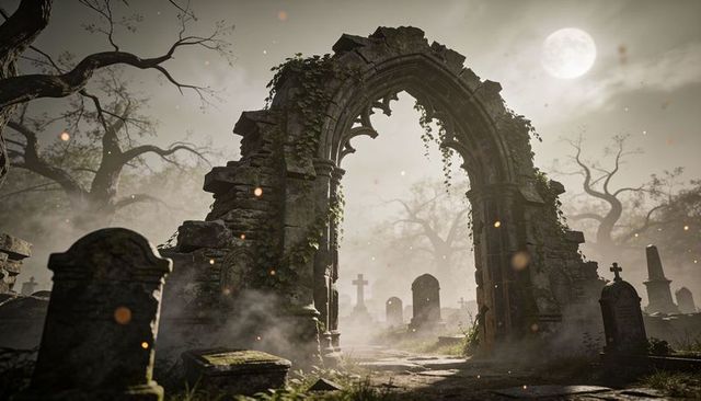 Moonlit ruined gothic archway leading foggy graveyard path with ivy-covered tombs