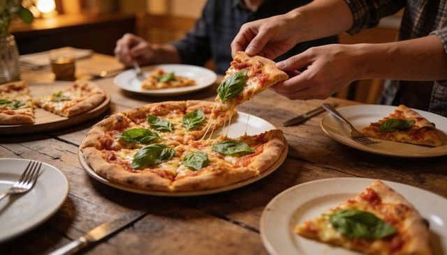 Friends sharing rustic margherita pizza at wooden table with melting cheese and basil