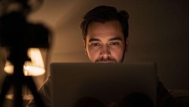 Man Working Late on Laptop with Camera Tripod and Warm Lamp Glow for Streaming