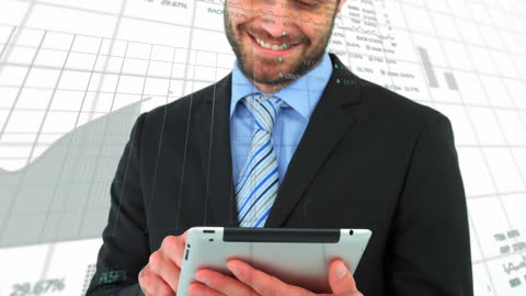Businessman Analyzing Data on Tablet with Financial Graph Overlays