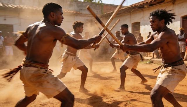 Men practicing traditional stick fighting in sunlit dusty courtyard, dynamic action