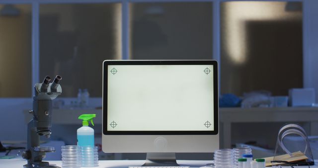 Desktop computer with illuminated screen at a workstation in an empty laboratory. healthcare, medical research technology and social distancing during quarantine lockdown.