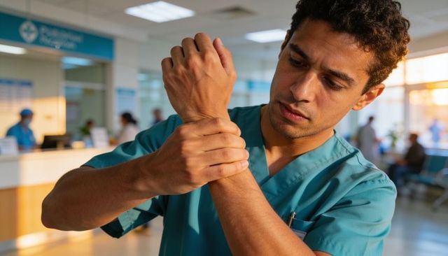 Clinician examining wrist pain in busy hospital lobby wearing teal scrubs, concerned look