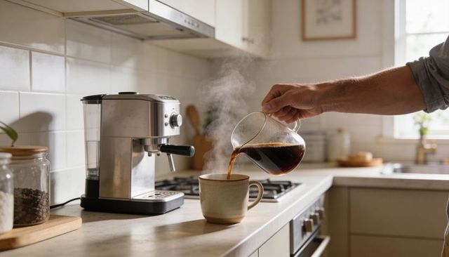 Cozy morning coffee ritual pouring fresh black coffee from glass carafe into ceramic mug