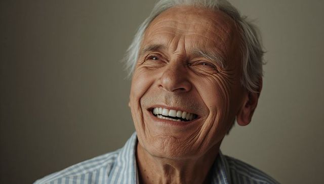 Warm smiling senior man showing teeth wearing striped shirt studio headshot for healthcare