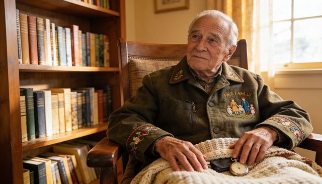 Elderly man reflecting in sunlit study holding pocket watch wearing embroidered jacket