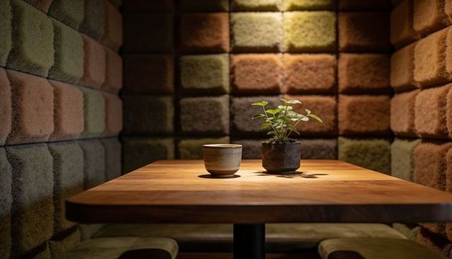 Cozy acoustic booth featuring potted plant and ceramic cup on warm wood table