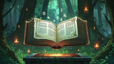 Mystical floating anime tome in forest glade with runic symbols