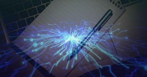 Notebook and pen on tech workspace with neon ai neural network overlay for innovation