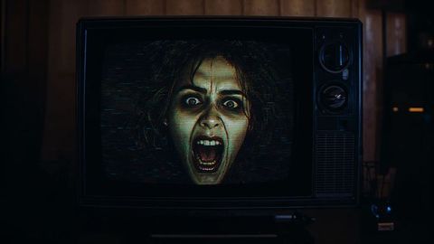 Screaming woman on vintage television in dark retro room