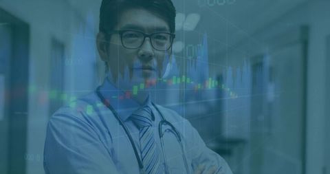 Asian Doctor in Hospital Corridor Integrating Healthcare with Finance Data