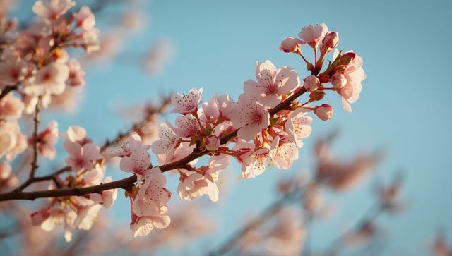 Sunlit pink cherry blossoms blooming on diagonal branch against clear blue spring sky
