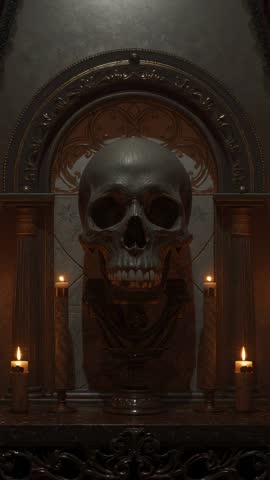 Tilting Camera Revealing Metallic Skull on Ornate Altar with Candles Gothic Ritual Vertical