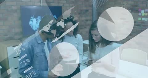 Business Team Analyzing Data with Global Map and Charts Overlay