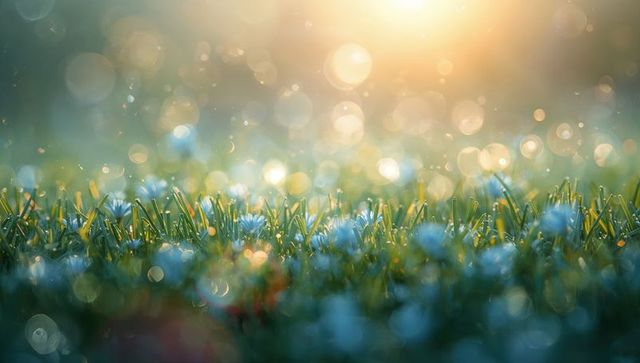 Dew-kissed meadow dawn with blue wildflowers, sunlit grass and sparkling bokeh