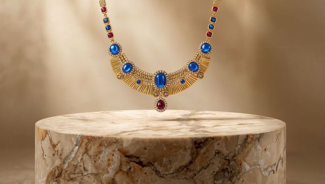 Luxury Gold Gemstone Necklace Hovering Above Marble Pedestal
