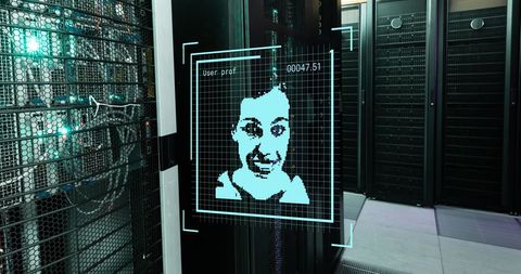 Digital Interface and Facial Analysis in Futuristic Server Room