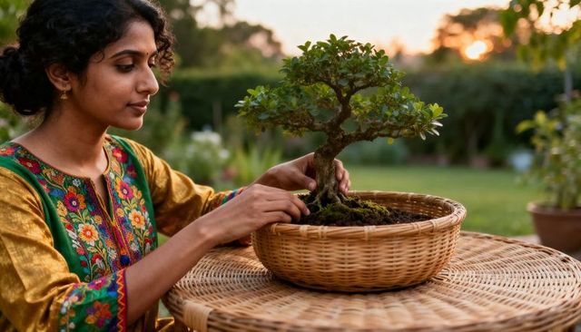 Indian woman tending bonsai in colorful kurta at golden sunset, gardening mindfulness