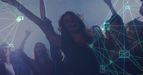 Dancing in nightclub under neon haze with teal digital network overlay