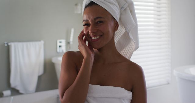 Smiling Woman in Bathroom After Shower Wrapped in Towel - Download Free Stock Images Pikwizard.com