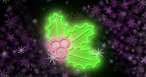 Neon Holly Leaves with Falling Snowflakes for Christmas Celebration