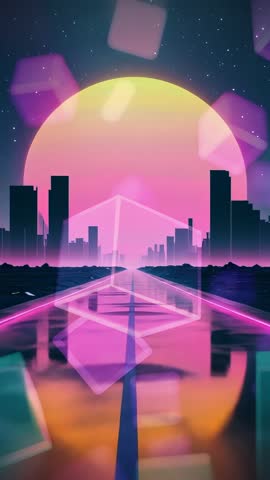 Vertical Cyber Sunset Highway Featuring Neon Cubes, Pulsing Reflections, Synthwave Loop