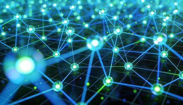 Glowing neural network mesh forming 3d lattice with neon nodes and connecting lines