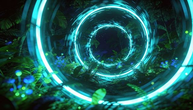 Neon-cyan concentric rings creating bioluminescent forest path at night