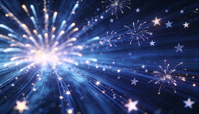 Blue Starburst Explosion with Radiant Light Streaks and Golden Spark Particle Shower