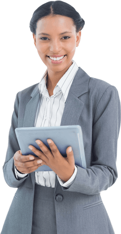 Confident Businesswoman Holding Tablet alongside Transparent Background