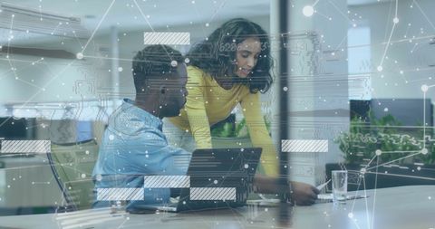 Colleagues Collaborating with Digital Analytics Interface Overlay