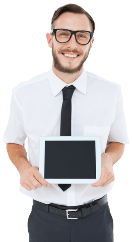Transparent Smiling Businessman Displaying Tablet with Blank Screen - Download Free Stock Videos Pikwizard.com