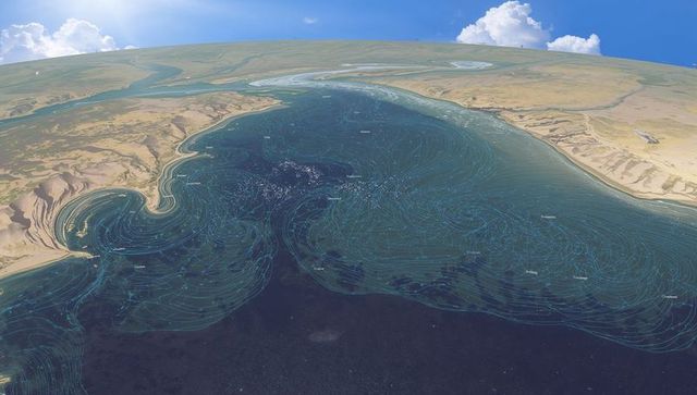 Aerial map showing swirling ocean currents and turquoise streamlines near sandy peninsulas