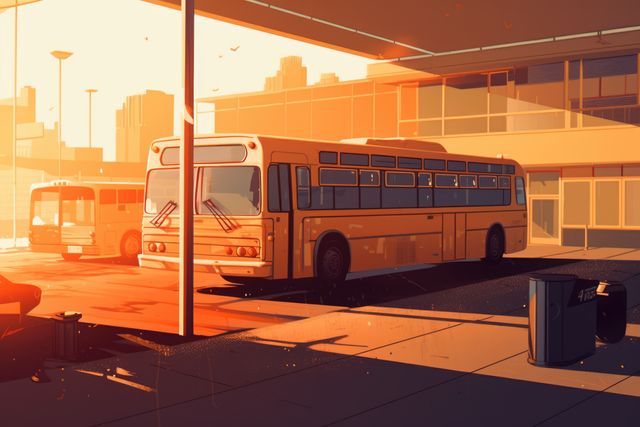 Glowing sunset at vintage urban bus station, exhibits nostalgic feel of 1970s with retro buses. Suitable for articles on public transportation history, old cityscapes, and memories of past travel experiences. Ideal for use in travel blogs, urban development retrospectives, and vintage-themed promotions.