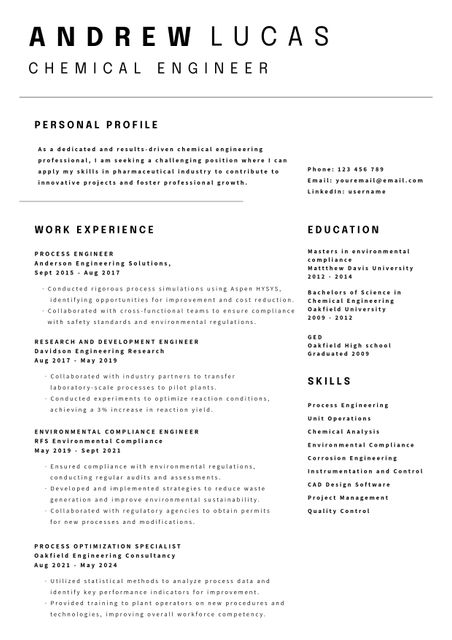 Ideal for chemical engineers looking to present their qualifications in a professional and concise format. This resume template includes sections for work experience, education, skills, and a personal profile. It is suitable for job applications in engineering fields, pharmaceuticals, environmental sciences, and more. The minimalistic design makes it easy for recruiters to identify key information quickly.