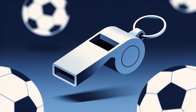 Metallic referee whistle hovering with floating soccer balls in blue gradient studio