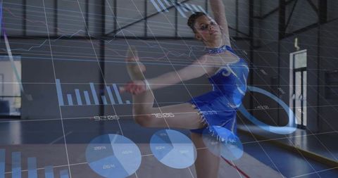 Graceful gymnast performing with transparent charts overlay