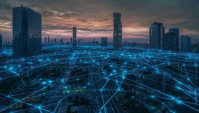 Futuristic Cityscape with Digital Network at Dusk