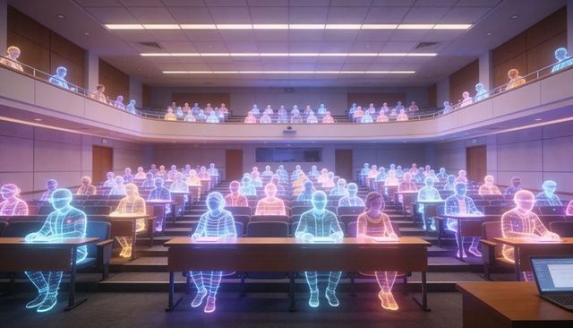 Holographic audience filling university lecture hall with neon wireframe students